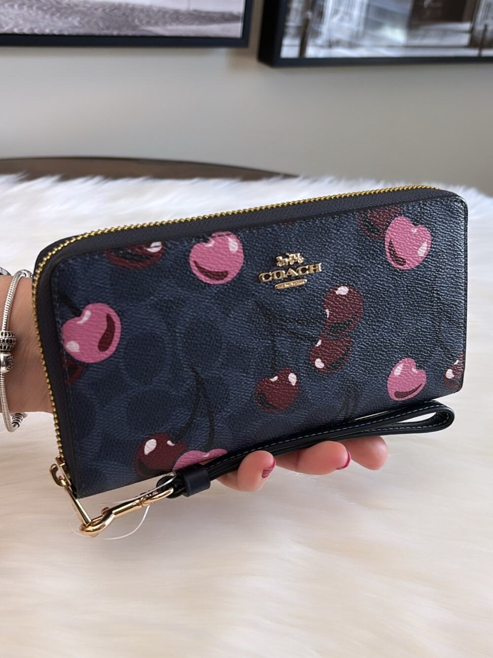 Coach Navy Cherry Print Zip Wallet with Wrist Strap